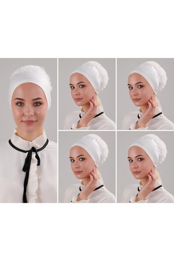 Melodi Scarf Ecru Women's Hijab - 5-Piece Frilly and Stitching Detailed Bonnet