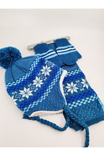 Shuttle Park Quality Blue Premium Girls Kids Fashion Children's Woven Cotton Blue Pompom Set Beanie Scarf Gloves
