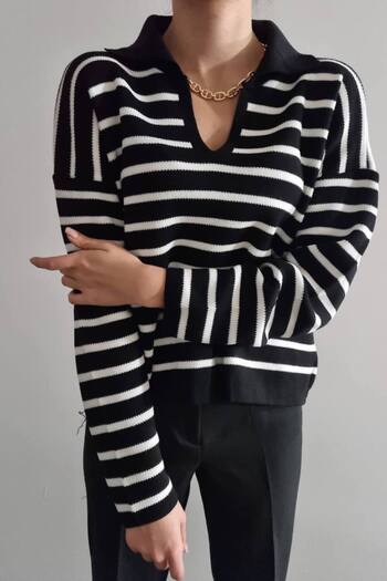 Mila Women's Black and White Striped Polo Collar Knitwear Sweater