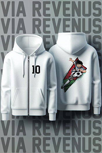 Vordevia Tsubasa Front and Back Printed Unisex Zippered Hooded White Sweatshirt Cardigan