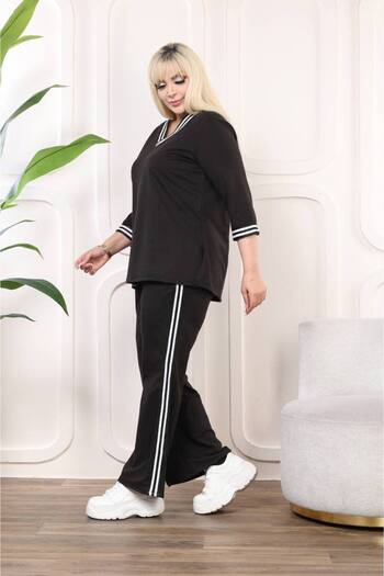 garajmood Black V-Neck Stripe Detailed Large Size Women's Bottom & Top Double Suit Set