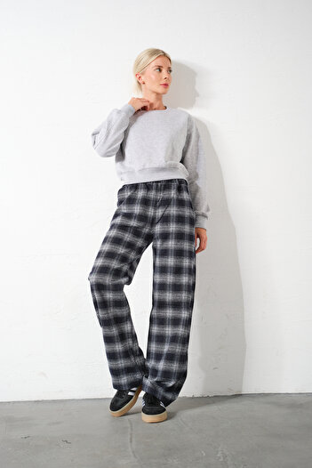 Domoda Black Plaid Flannel High Waist Pajama Bottoms Relaxed Fit Wide Leg Cotton Women's Pants