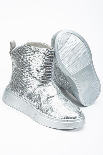 Dilimler Ayakkabı Shiny Silver Sequin Women's Boots - Flat Sole, Laceless