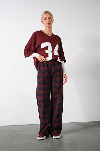 Domoda Burgundy Plaid Flannel High Waist Pajama Bottoms Relaxed Fit Wide Leg Cotton Women's Pants