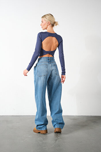 Maule Mavi Yüksek Bel, %100 Pamuk Ayarlanabilir Bel, Loose Fit Jean Kadın Kot Pantolon