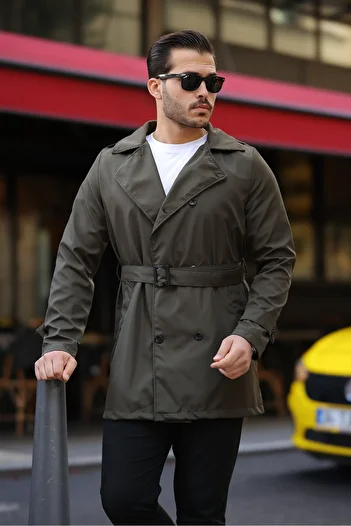 Jaglion Men's Khaki Belted Water and Windproof Trench Coat Top Coat