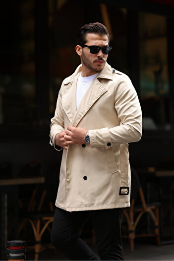 Jaglion Men's Beige Belted Water and Windproof Trench Coat Top
