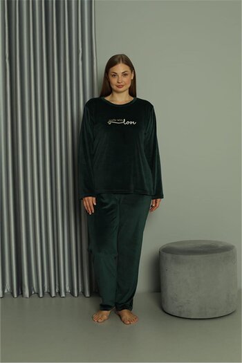 Akbeniz Plus Size Women's Velvet Green Pajamas Set 20628