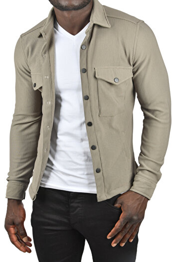 DeepSEA Men's Khaki Knitted Fabric Shirt Collar Pocket Snap Slim Fit Sports Jacket 2500558