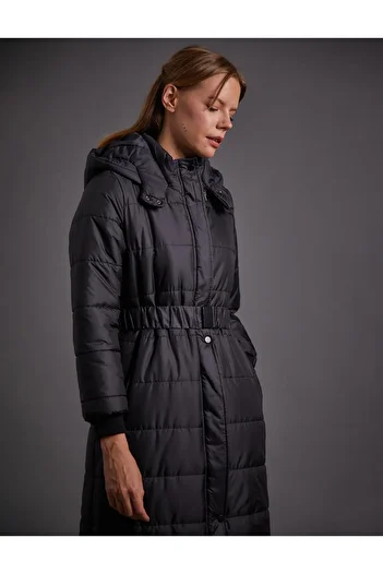 Kayra Black Belted Hooded Anorak Coat