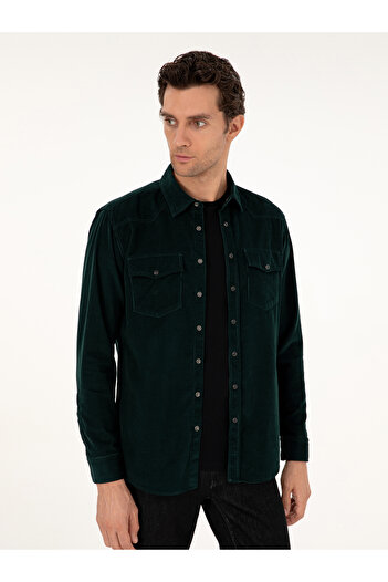 Cacharel Koyu Yeşil Regular Fit Kadife Gömlek 50291369-VR079