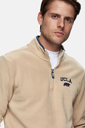 UCLA Cornıng Dark Beige Half Zipper Embroidered Fleece Stand Collar Standard Fit Men's Sweatshirt