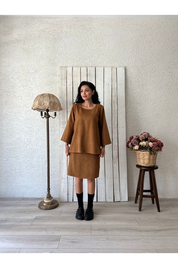 KÜÇÜĞÜM BUTİK Camel Short Skirt-Blouse Set (Set of 2)