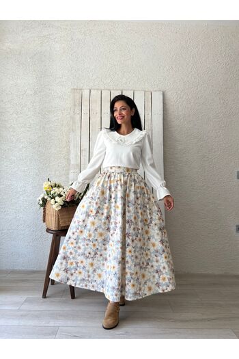 KÜÇÜĞÜM BUTİK Fusta poplin evazată cu model flori de azalea - albastru