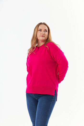 RMG Fuchsia Plus Size Crew Neck Knitwear Sweater