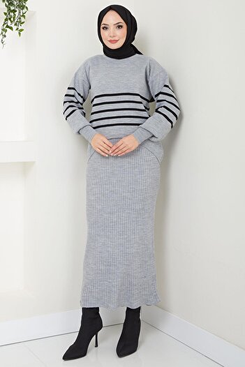 hafsamina Gray Striped Knitwear Gilet Sweater and Top Set - Hm2596