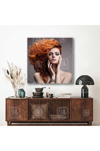 SML TABLO Model cu păr roșu cu ochi închiși, salon de coafură, centru de frumusețe, pictură decorativă pătrată pe pânză