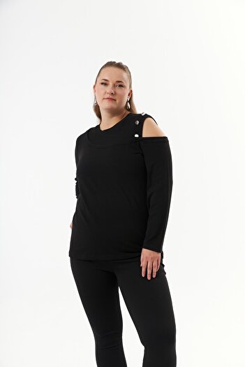 RMG Plus Size Shoulder Detail Knitted Blouse Black
