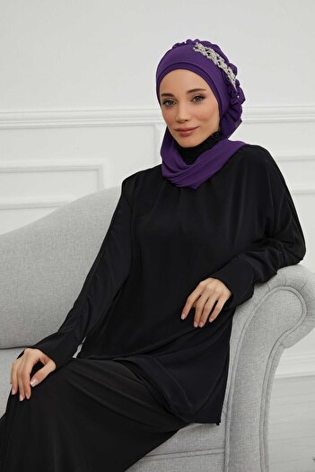 Aisha's Design Шифонен готов за носене тюрбан с странични къдри и каменни аксесоари, HT-100, HT-100, лилав