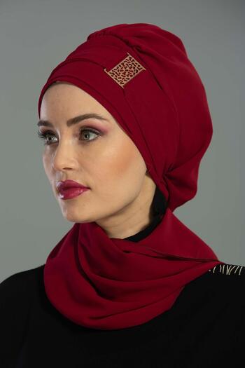 Aisha's Design Σχεδιαστικό τουρμπάνι από σιφόν με χρυσά αξεσουάρ, HT-11, μπορντό