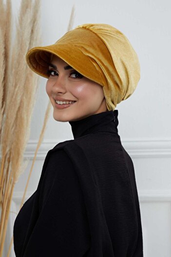 Aisha's Design Βελούδινο καπέλο με προσωπίδα, B-73K, μουστάρδα