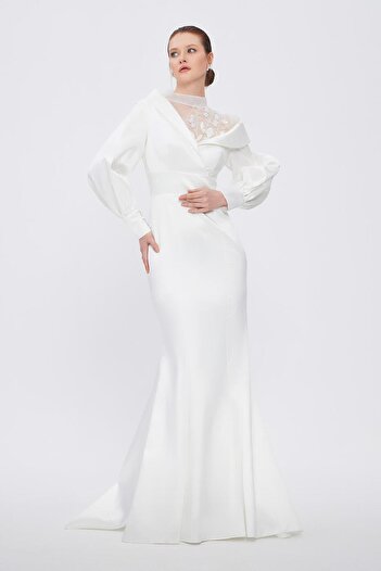 CENGIZ AKTURK Embroidered Balloon Sleeves Long Hijab Evening Dress - 2067C
