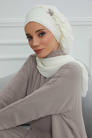 Aisha's Design Chiffon Ready-To-Wear Turban with Side Ruffles and Silver Accessories, Ht-106, Ht-106, Cream
