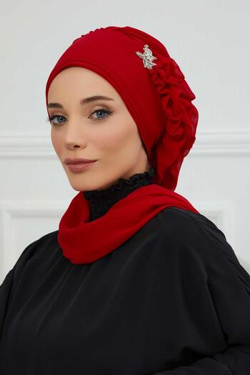 Aisha's Design Chiffon Ready-Made Turban with Side Ruffles and Silver Accessories,Ht-106,Ht-106,Red