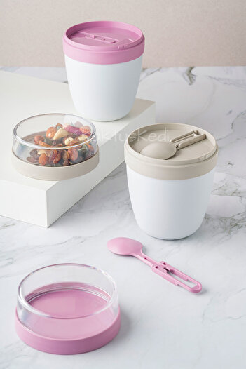 KaktüsKedi 2'li Set Taşınabilir Kaşıklı Yoğurt Kabı - 700 ML Pratik Yemek Saklama ve Müsli Kabı