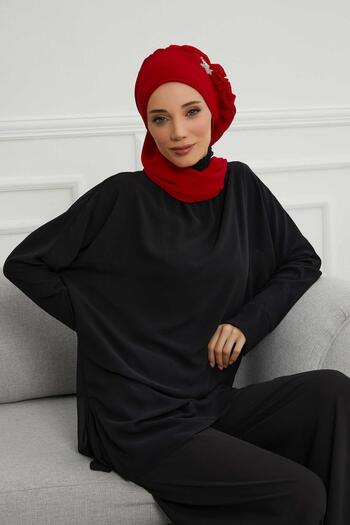 Aisha's Design Chiffon Ready-Made Turban with Side Ruffles and Silver Accessories,Ht-106,Ht-106,Red