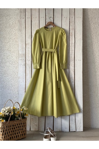 KÜÇÜĞÜM BUTİK Long Oil Green Poplin Flared Dress
