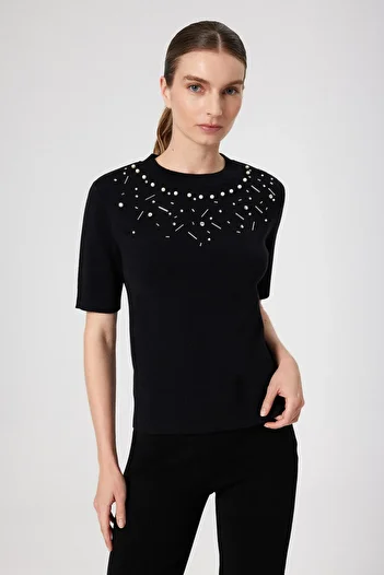 Mısırlı Black Neck Embroidered Knitwear Women's Sweater