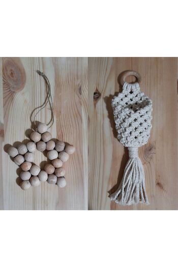 ÖNS Aksesuar Macrame Mini Flower Pot Cactus Holder + Wooden Star Ornament