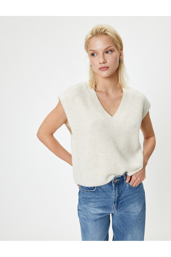 Koton Textured Sleeveless Knitwear V-Neck Oversize Sweater