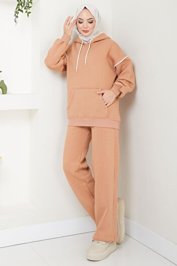 hafsamina Shepherd Embroidered Three Thread Raster Φούτερ με κουκούλα σετ Camel HM2579