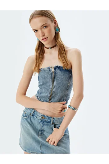Koton Strapless Collar Sleeveless Denim Crop Top - Zippered Slim Fit
