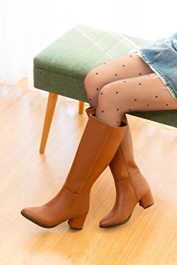 DİVOLYA Mindy Tan Leather Heeled (5 cm Heeled) Side Zipper Daily Use Boots