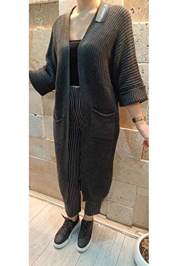 Tesettürce moda Gray Knitwear Cardigan - 110 cm Cut