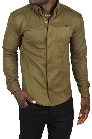 DeepSEA Khaki Suede Slim Fit Shirt - Lycra, Non-Wrinkle, Seasonal Without Pockets 2500556