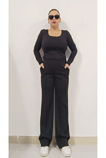 AKŞEN GİYİM LARGE SIZE STRETCH COTTON CUPRA FABRIC GRASS STITCHED HIGH WAIST TREND PALAZZO PANT