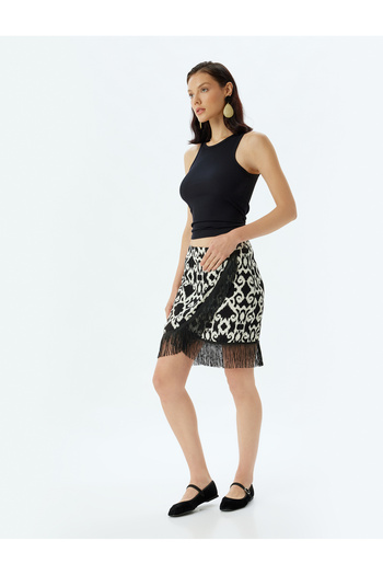 Koton Ethnic Patterned Viscose Mini skirt - Tasseled and Double Breasted