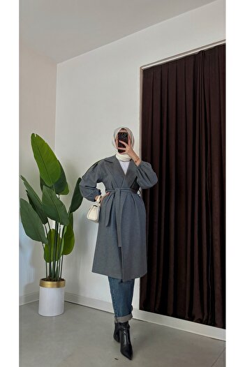 hacer ayaydın Oversize Cut Bathrobe Type Stamped Women's Coat with Gathered Sleeves and Mobile Belt