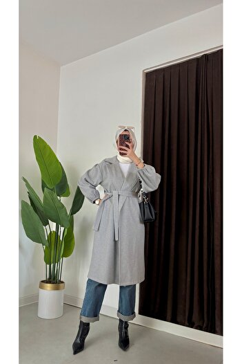 Aranlı tekstil Oversize Cut Bathrobe Type Stamped Women's Coat with Gathered Sleeves and Mobile Belt