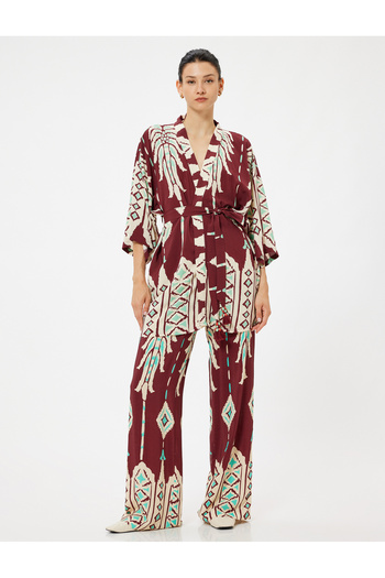 Koton X Melis Ağazat - Viscose Floral Ethnic Μακρό Κιμονό με Flare μανίκια και λεπτομέρεια ζώνης