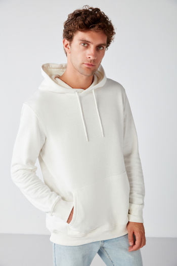 GRIMELANGE Jorge Men's Soft Hooded Organic Cotton Kangaroo Pocket Regular Ecru Sweatshirt