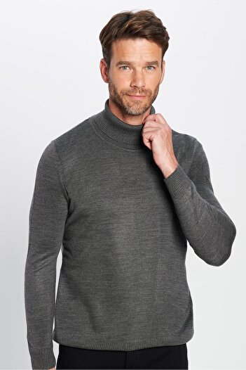 Tudors Men's Slim Fit Slim Fit Soft Texture Non-Pilling Gray Full Turtleneck Knitwear Sweater