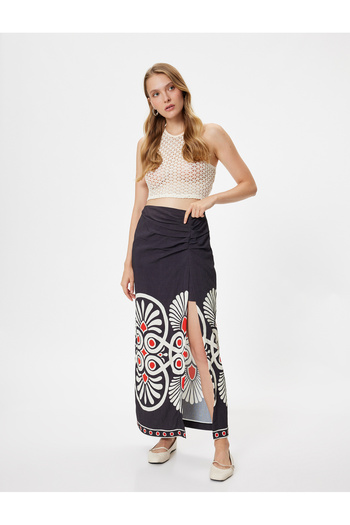 Koton X Melis Ağazat - Midi Length Floral Patterned Double Breasted Skirt