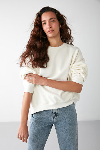 GRIMELANGE Vaneltına Kadın Içi Polarlı 3 Iplik Organik Pamuk Oversize Basic Bisiklet Yaka Vanilya Sweatshirt