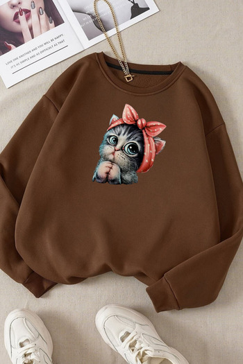 Moda Glo Унисекс памучен суитшърт с кръгло деколте и сладък котешки щамп