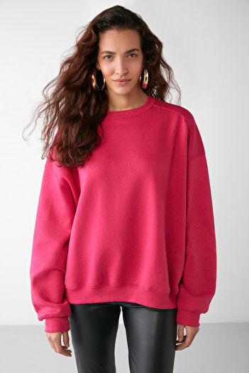 GRIMELANGE VANELTINA Kadın Bisiklet Yaka İçi Polarlı Oversize Fit Basic Pembe Sweatshirt